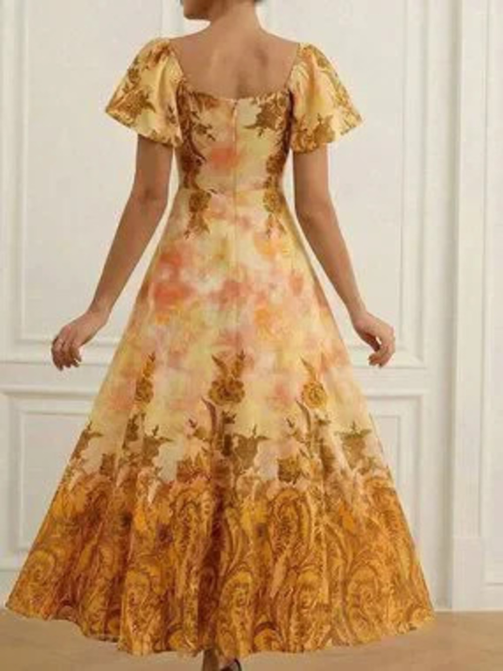 Orange Elegant Women's Floral Print Cap Sleeve Flared Hem Dress